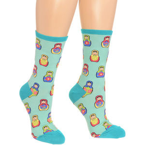 NEW Russian Doll Crew Socks Matryoshka Nesting Dolls Aqua Cute Novelty